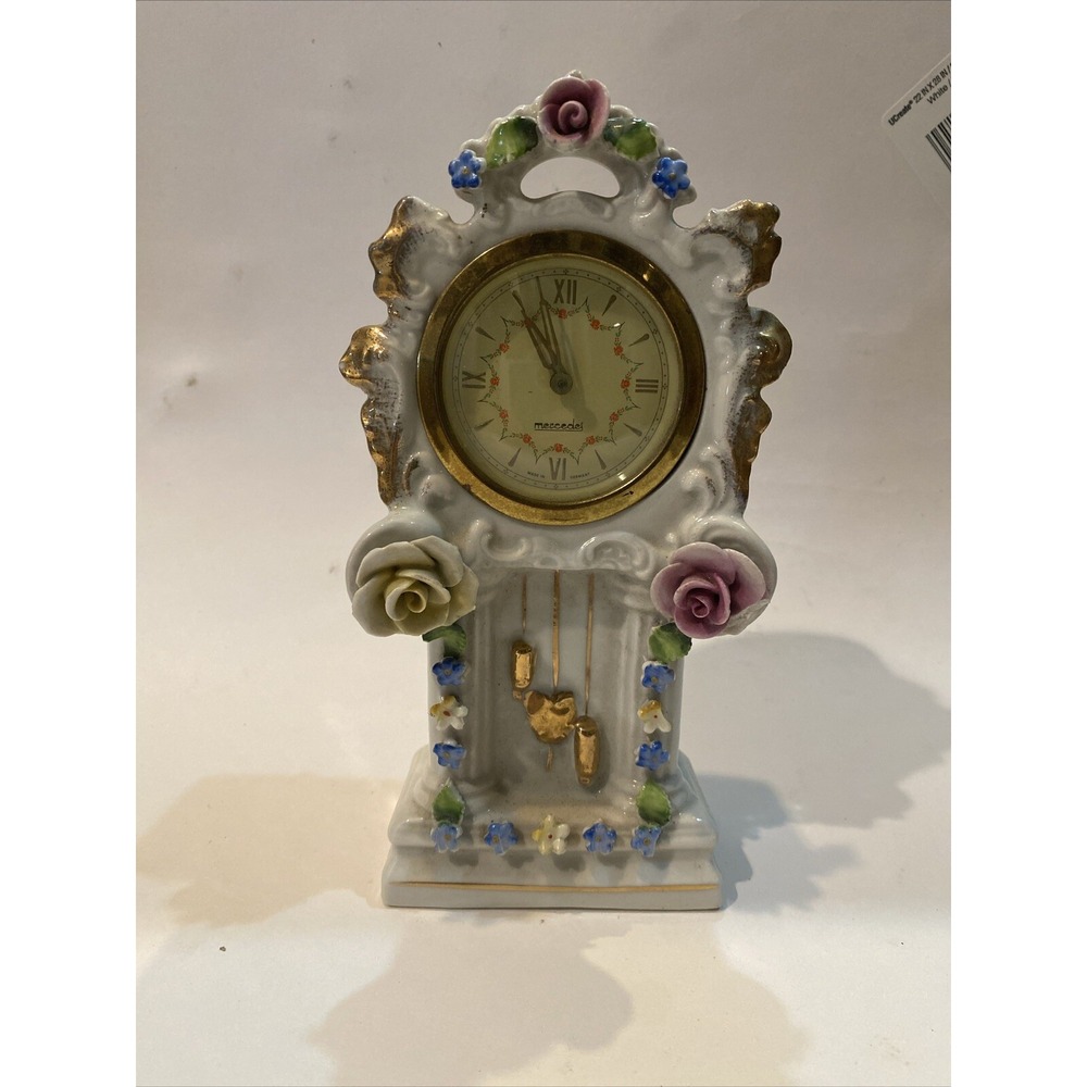 Antique Mercedes Hauser German Porcelain Wind Up Mantel Clock Gold Roses Desk
